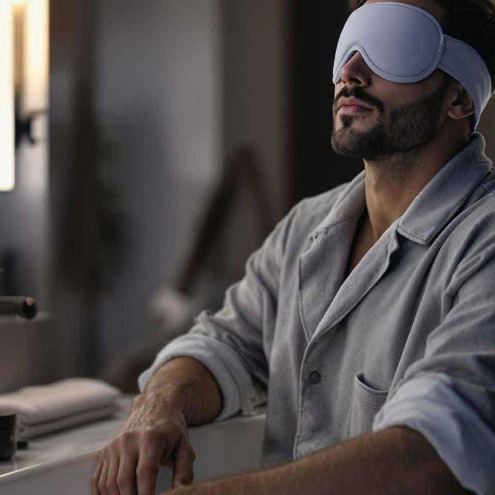 Professional man performing evening wellness ritual with eye mask and grooming products