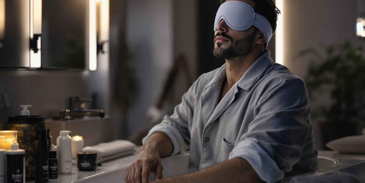 Professional man performing evening wellness ritual with eye mask and grooming products