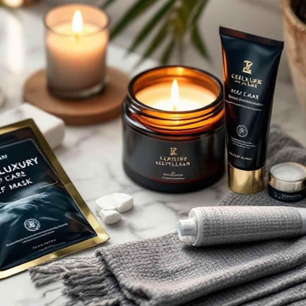 Luxurious self-care setting with candle, face masks, toothpaste, and skincare products on a marble surface, representing relaxation and rejuvenation for the modern gentleman.