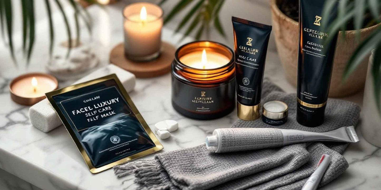 Luxurious self-care setting with candle, face masks, toothpaste, and skincare products on a marble surface, representing relaxation and rejuvenation for the modern gentleman.