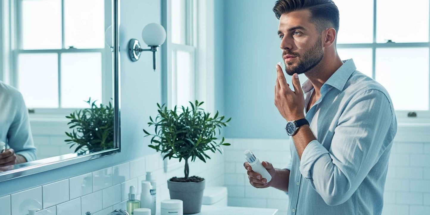 Modern gentleman applying lightweight summer skincare products in bright bathroom during UK heatwave with cooling grooming essentials
