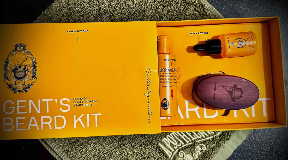 Men’s morning and night grooming routine essentials arranged on a dark background