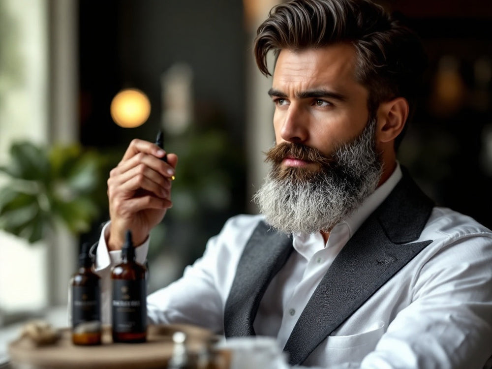 a modern gentleman applying beard oil to his beard