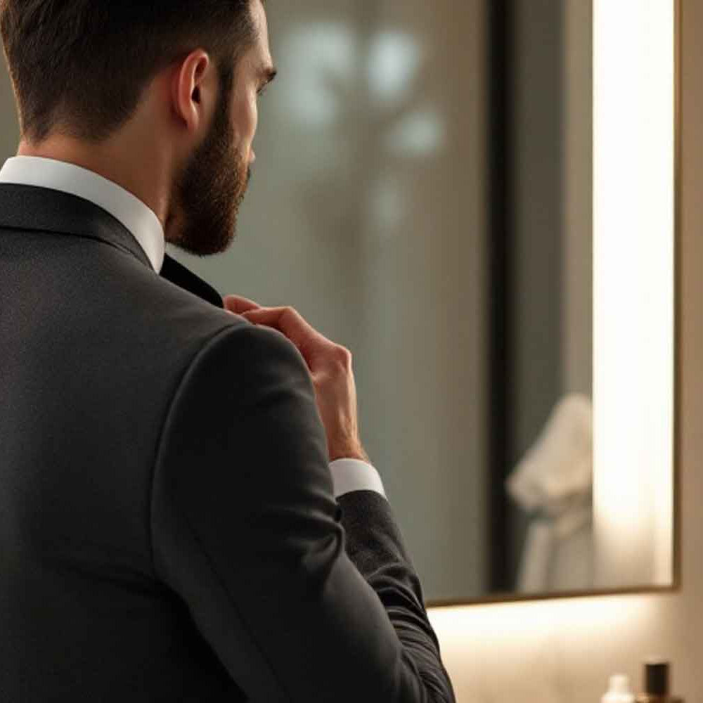 Professional businessman adjusting tie during his luxury morning grooming routine