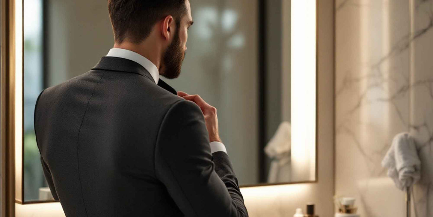 Professional businessman adjusting tie during his luxury morning grooming routine