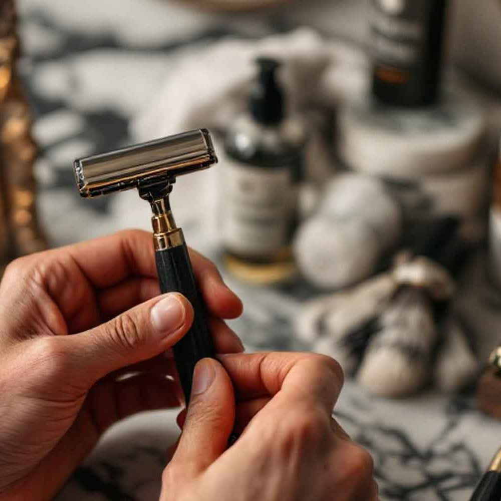 the-modern-gentleman-young-gentleman-holding-vintage-razor-next-to-modern-sustainable-grooming-products