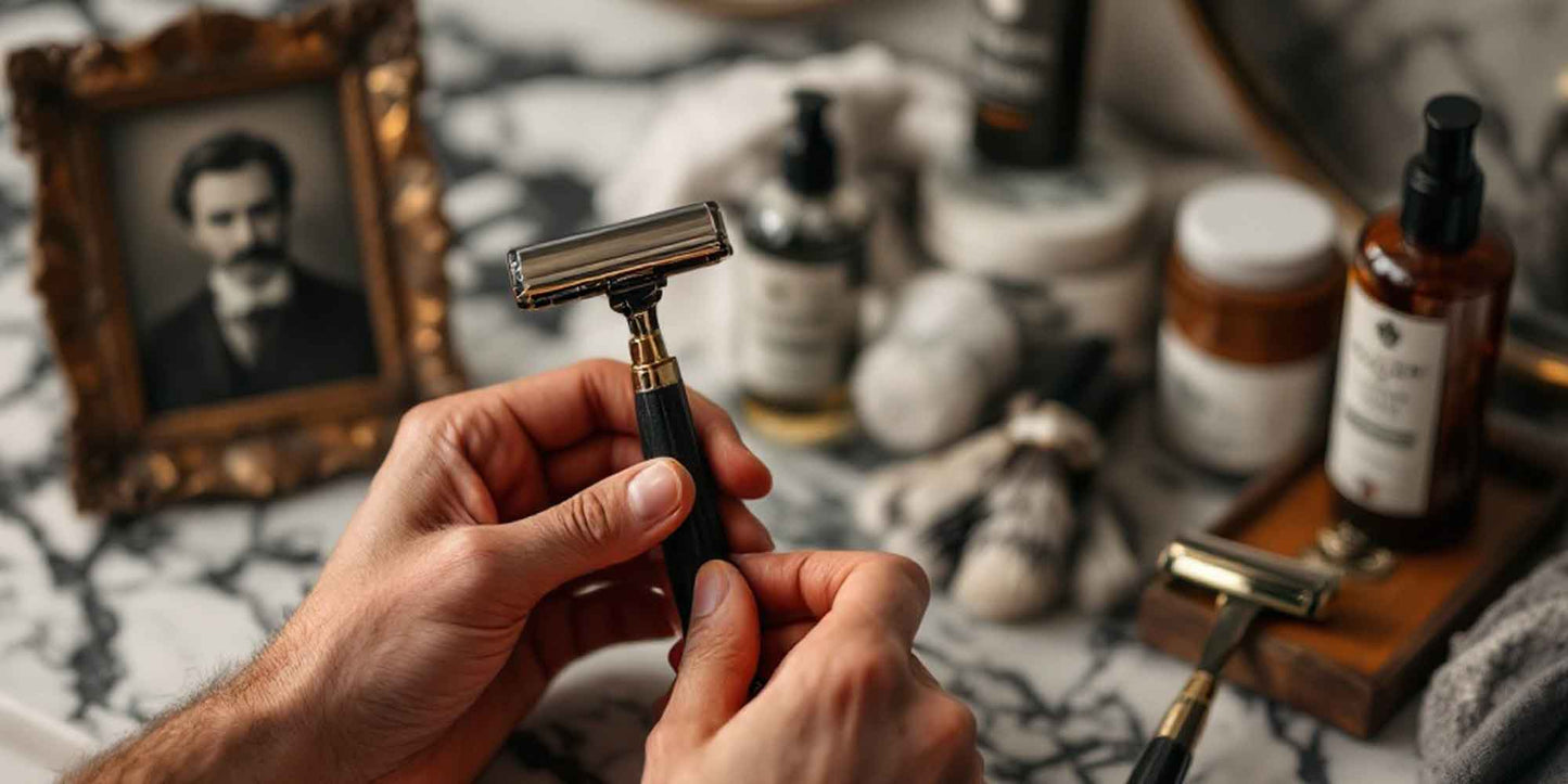 the-modern-gentleman-young-gentleman-holding-vintage-razor-next-to-modern-sustainable-grooming-products