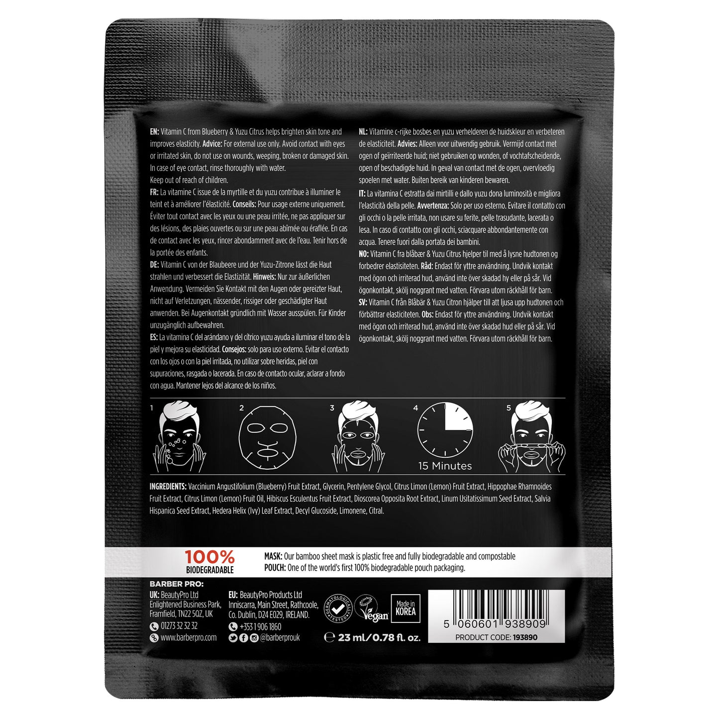 BARBER PRO Anti-Ageing Face Sheet Mask - 100% Biodegradable Back