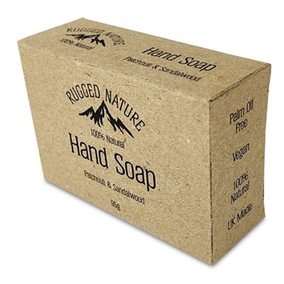 Rugged Nature Patchouli and Sandalwood Hand Soap. Perfect for use with our Real Grit hand scrub and coconut soap dish! 95g solid bar in a Kraft card box.